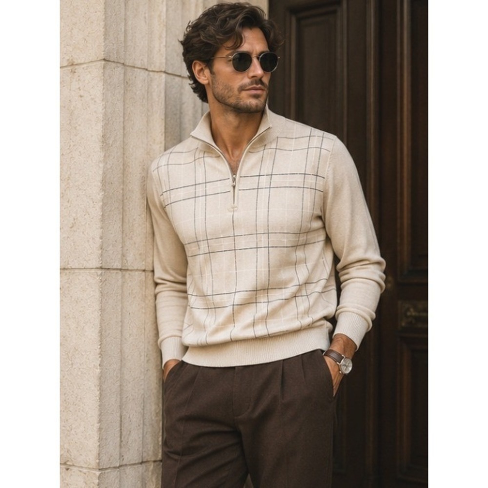 NEw Peter Millar Silk Cotton Cashmere Quarter Zip Sweater Tan Windowpane Golf XL